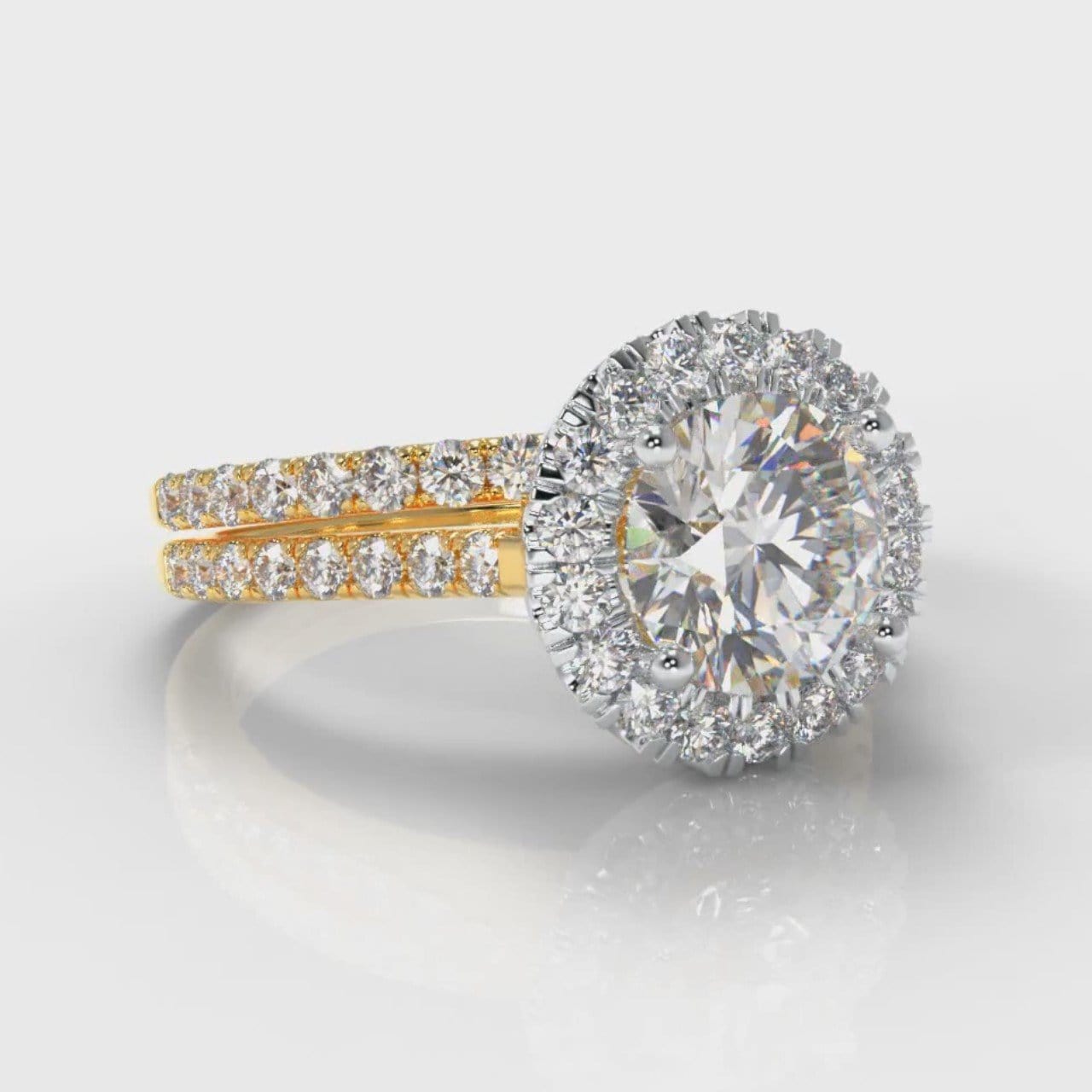 Petite Micropavé Round Brilliant Cut Diamond Halo Bridal Set - Two Tone Yellow Gold