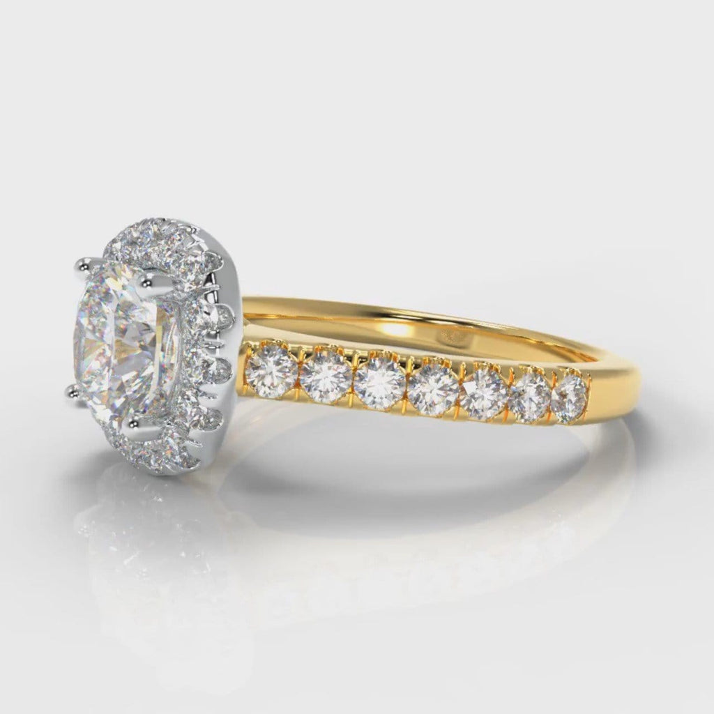 Micropavé Cushion Cut Diamond Halo Engagement Ring - Two Tone Yellow Gold