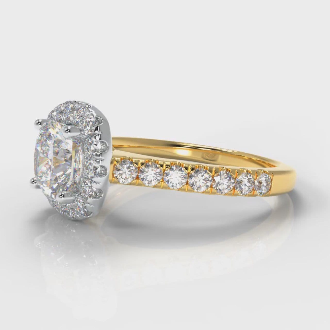 Micropavé Cushion Cut Diamond Halo Engagement Ring - Two Tone Yellow Gold