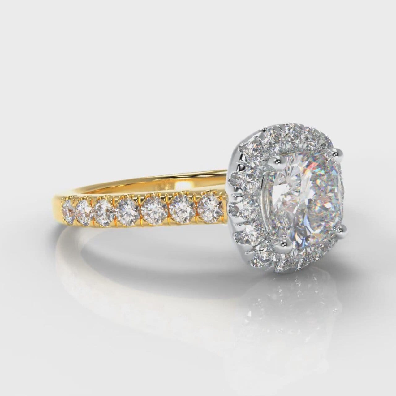 Micropavé Cushion Cut Diamond Halo Engagement Ring - Two Tone Yellow Gold