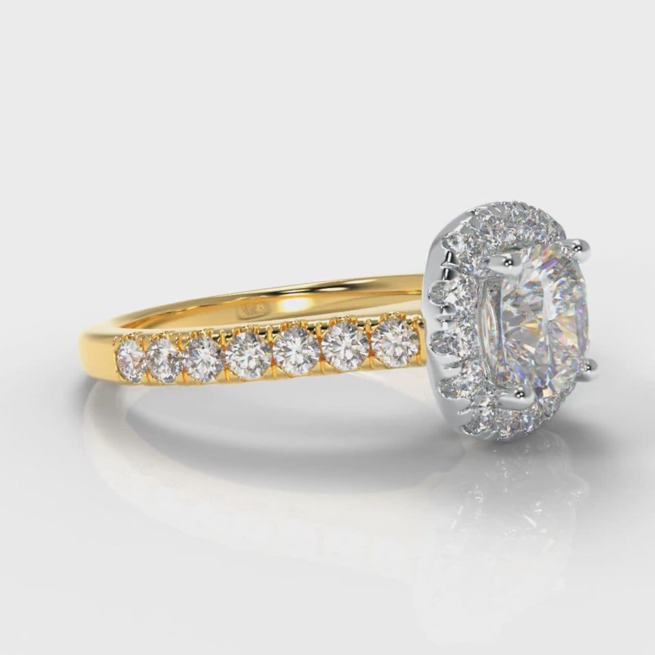 Micropavé Cushion Cut Diamond Halo Engagement Ring - Two Tone Yellow Gold