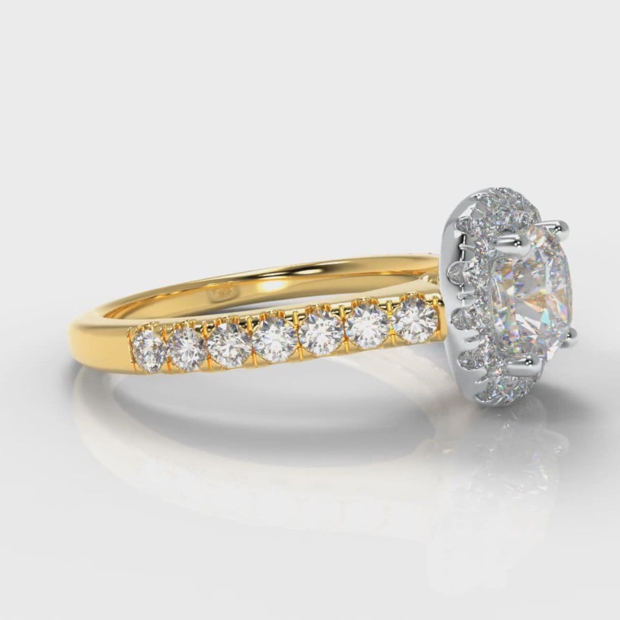 Micropavé Cushion Cut Diamond Halo Engagement Ring - Two Tone Yellow Gold