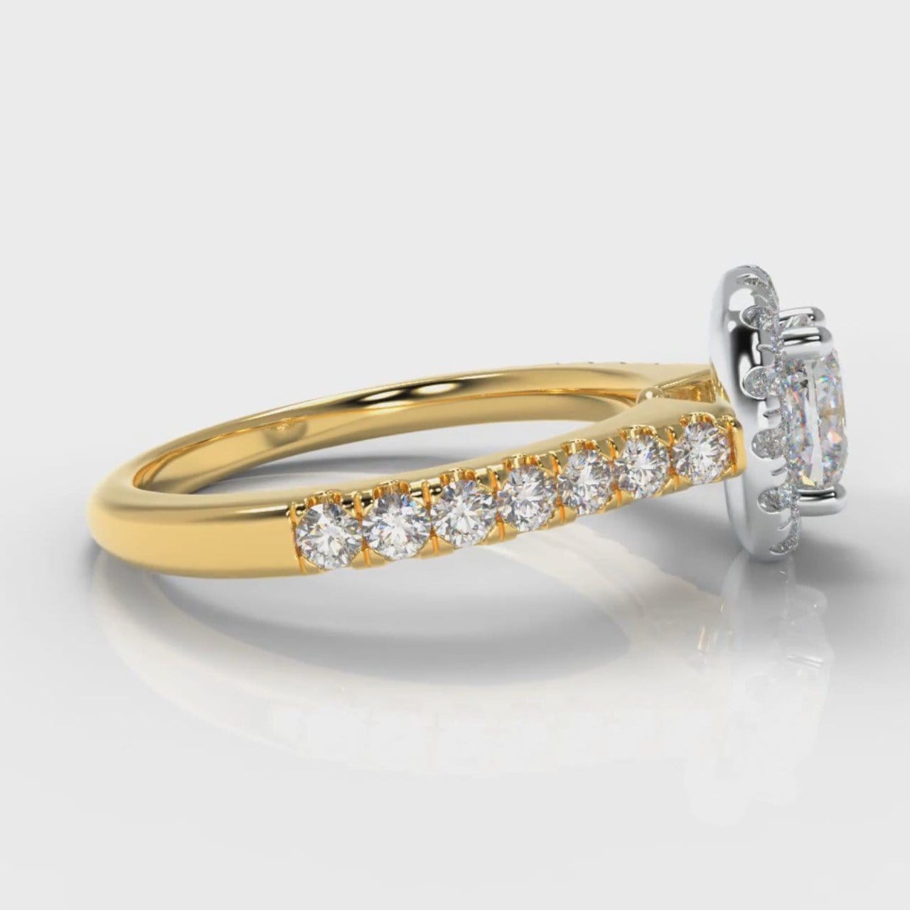 Micropavé Cushion Cut Diamond Halo Engagement Ring - Two Tone Yellow Gold