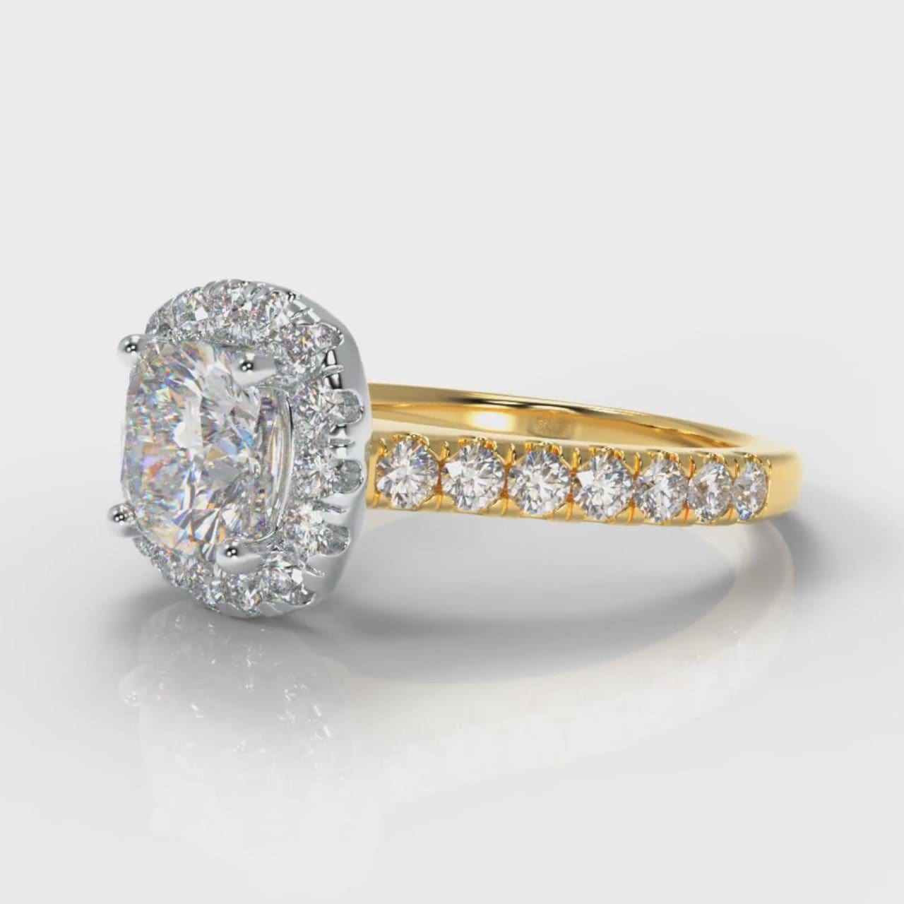 Micropavé Cushion Cut Diamond Halo Engagement Ring - Two Tone Yellow Gold