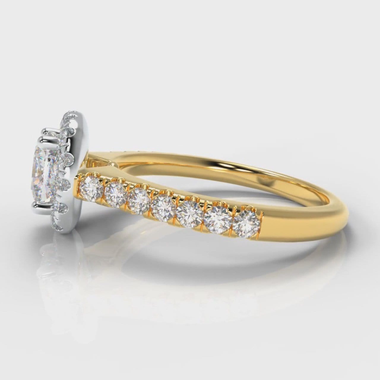 Micropavé Cushion Cut Diamond Halo Engagement Ring - Two Tone Yellow Gold
