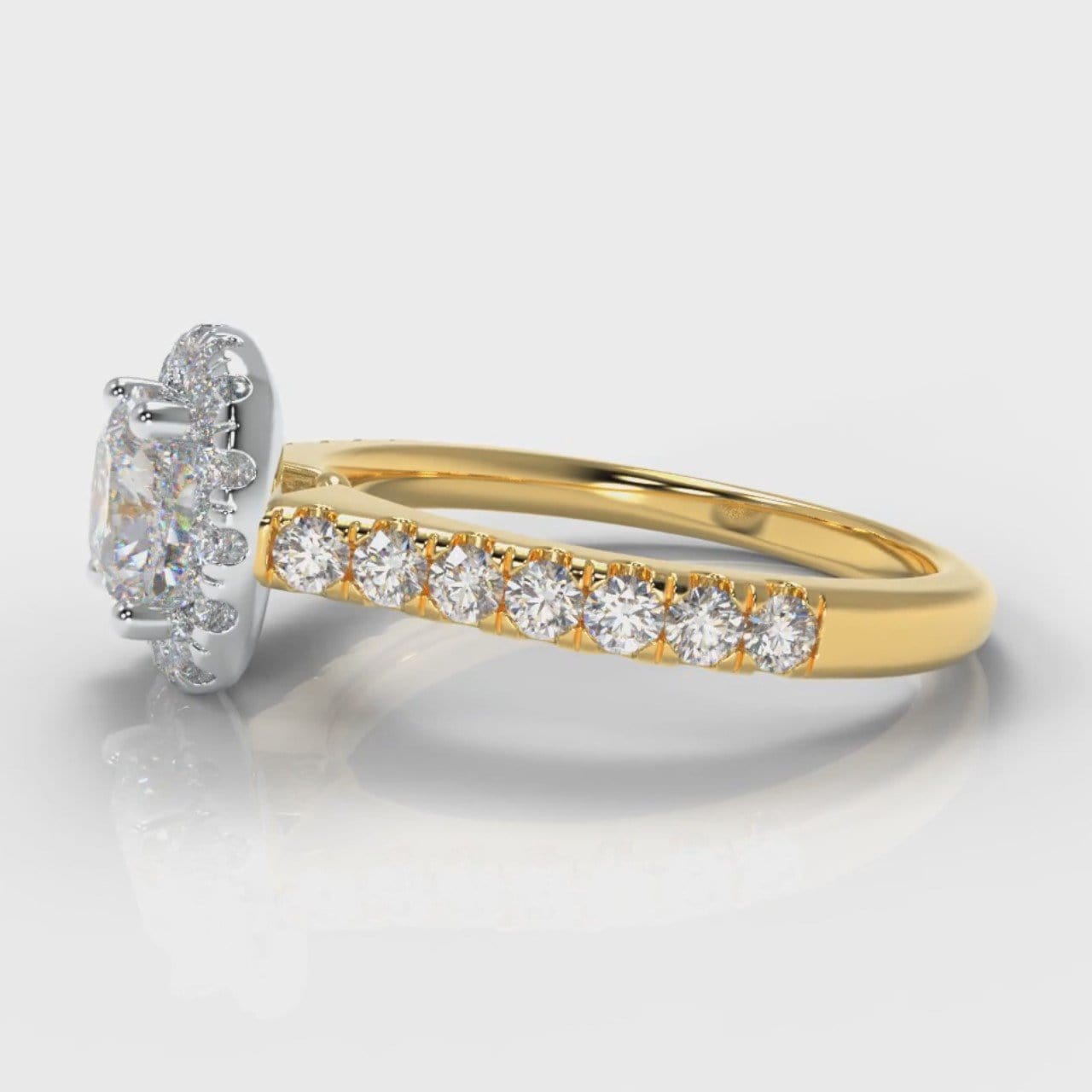 Micropavé Cushion Cut Diamond Halo Engagement Ring - Two Tone Yellow Gold
