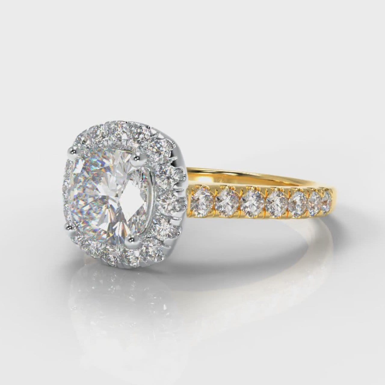 Micropavé Cushion Cut Diamond Halo Engagement Ring - Two Tone Yellow Gold