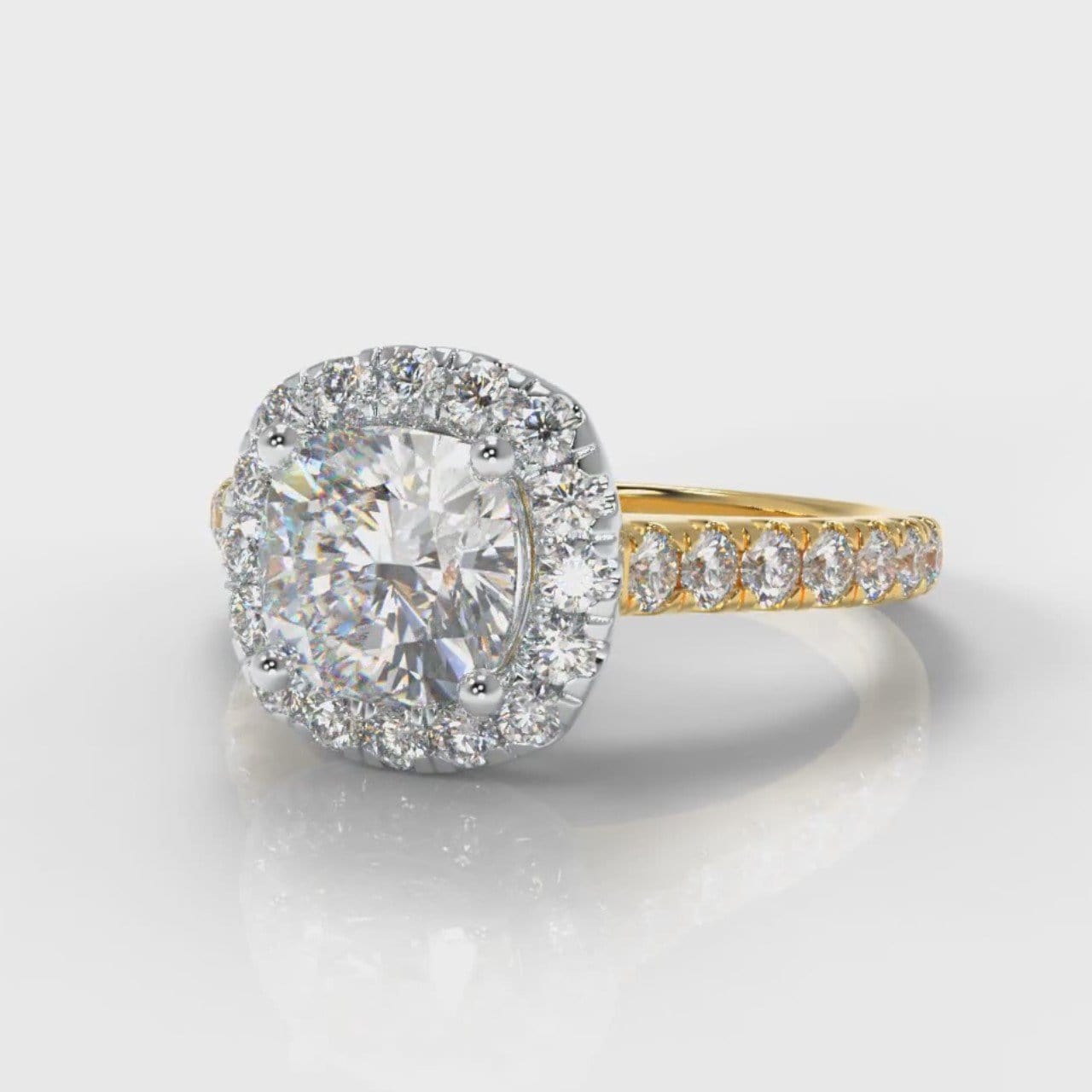 Micropavé Cushion Cut Diamond Halo Engagement Ring - Two Tone Yellow Gold