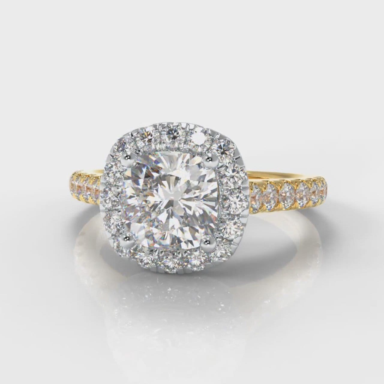 Micropavé Cushion Cut Diamond Halo Engagement Ring - Two Tone Yellow Gold
