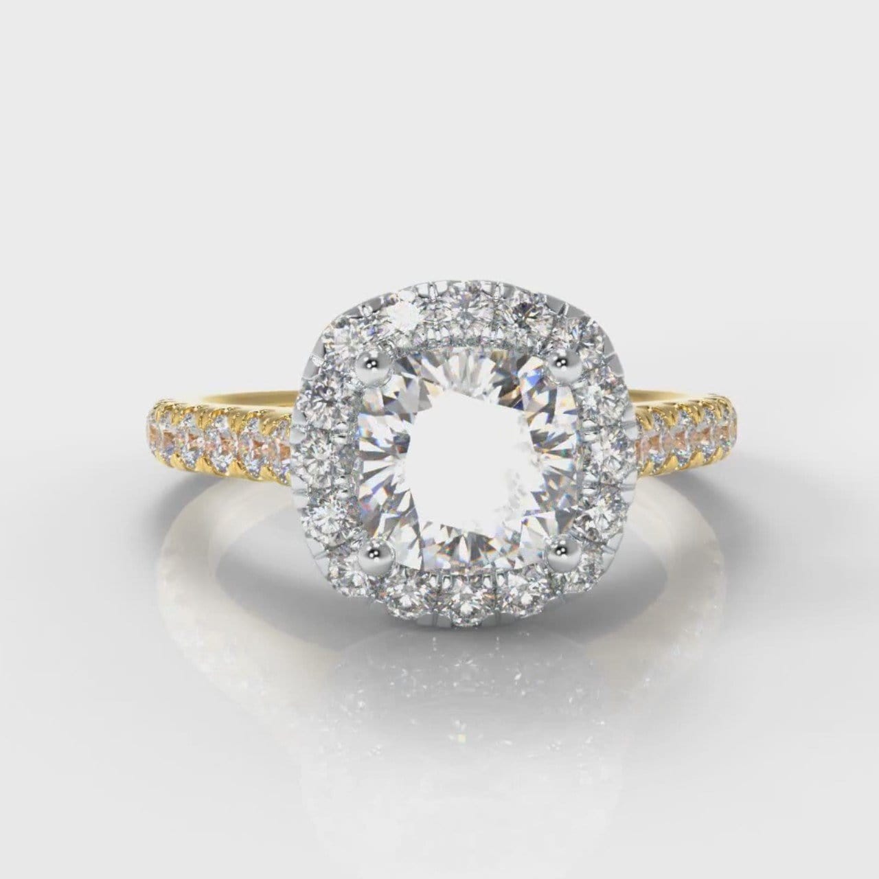 Micropavé Cushion Cut Diamond Halo Engagement Ring - Two Tone Yellow Gold