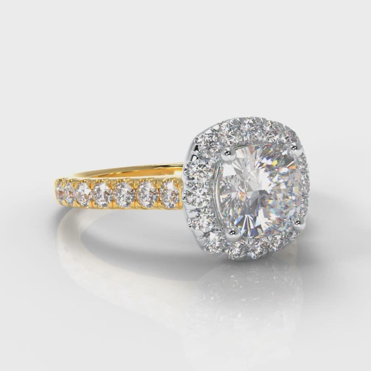 Micropavé Cushion Cut Diamond Halo Engagement Ring - Two Tone Yellow Gold