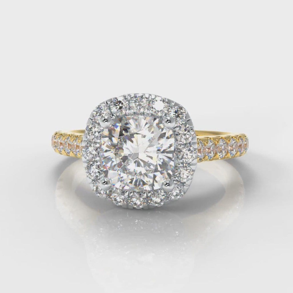 Micropavé Cushion Cut Diamond Halo Engagement Ring - Two Tone Yellow Gold