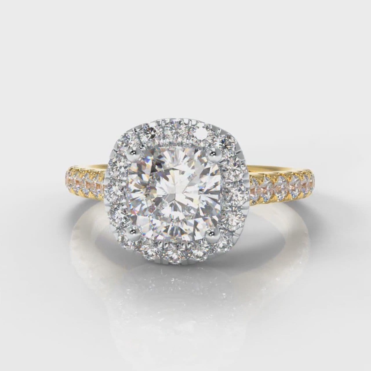 Micropavé Cushion Cut Diamond Halo Engagement Ring - Two Tone Yellow Gold