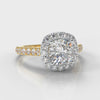 Micropavé Cushion Cut Diamond Halo Engagement Ring - Two Tone Yellow Gold