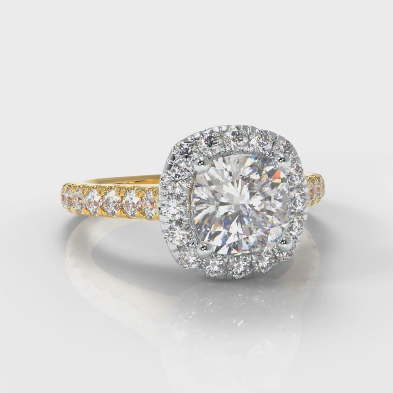 Micropavé Cushion Cut Diamond Halo Engagement Ring - Two Tone Yellow Gold