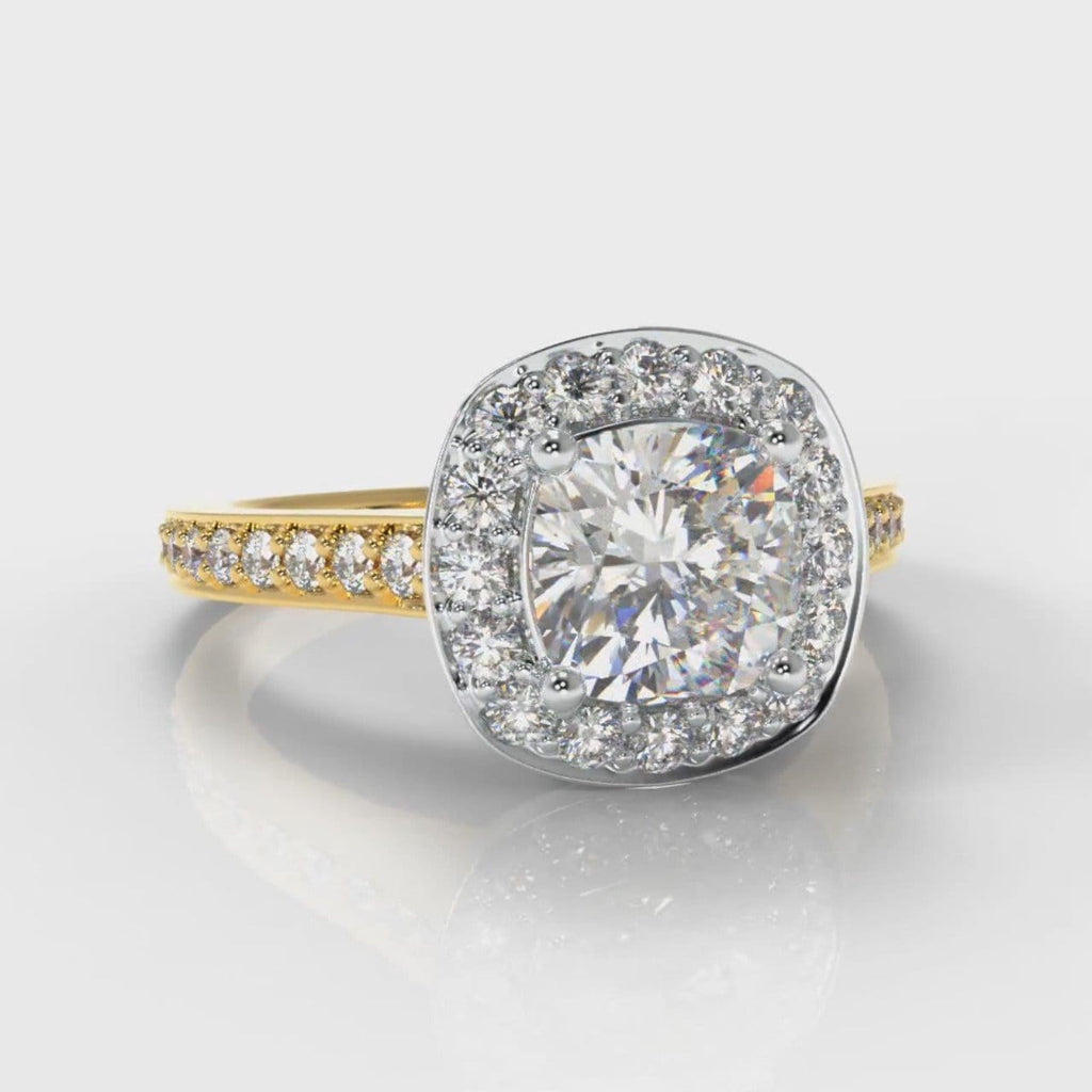 Pavé Cushion Cut Diamond Halo Engagement Ring - Two Tone Yellow Gold