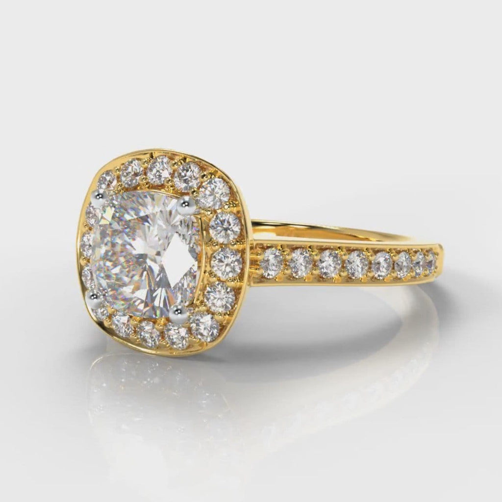 Pavé Cushion Cut Diamond Halo Engagement Ring - Yellow Gold