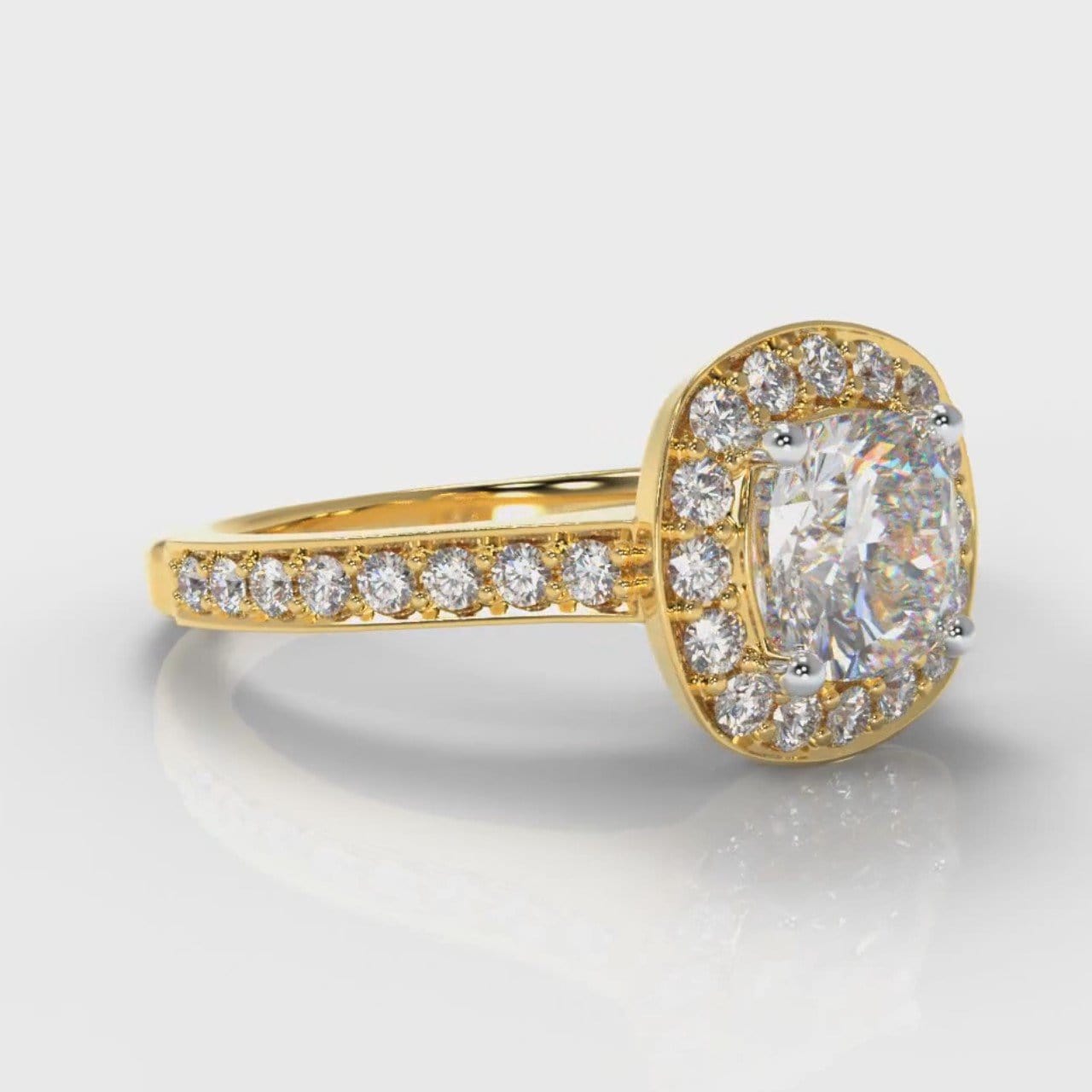 Pavé Cushion Cut Diamond Halo Engagement Ring - Yellow Gold