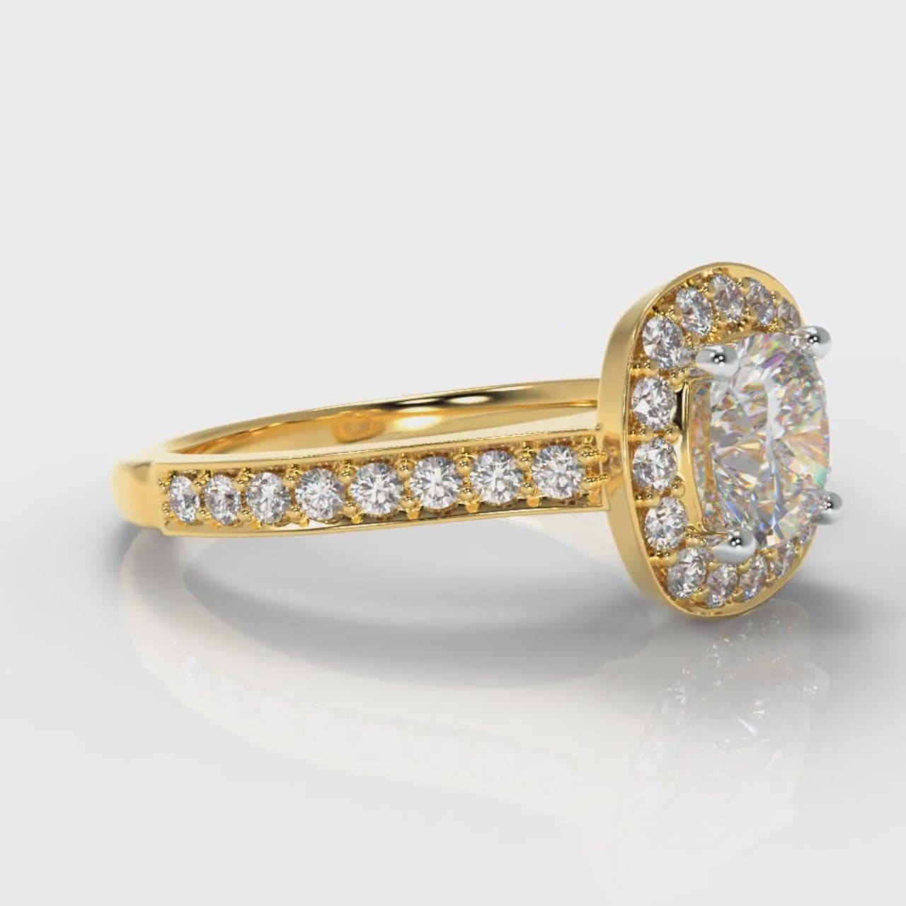 Pavé Cushion Cut Diamond Halo Engagement Ring - Yellow Gold