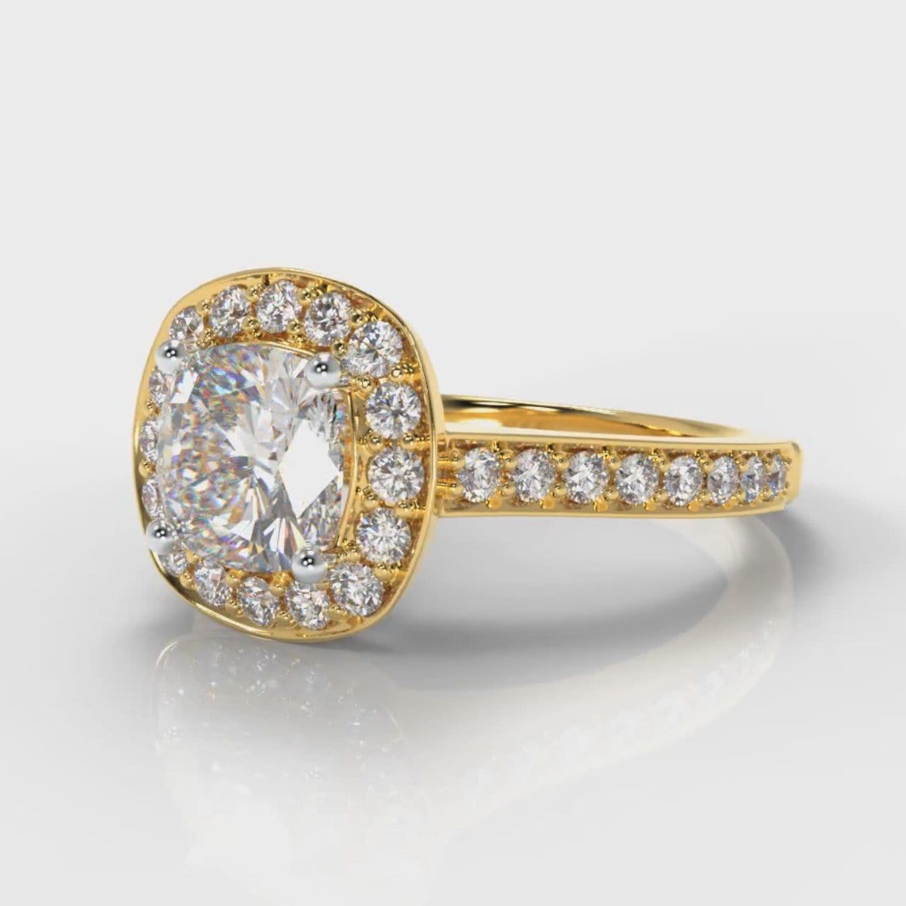 Pavé Cushion Cut Diamond Halo Engagement Ring - Yellow Gold