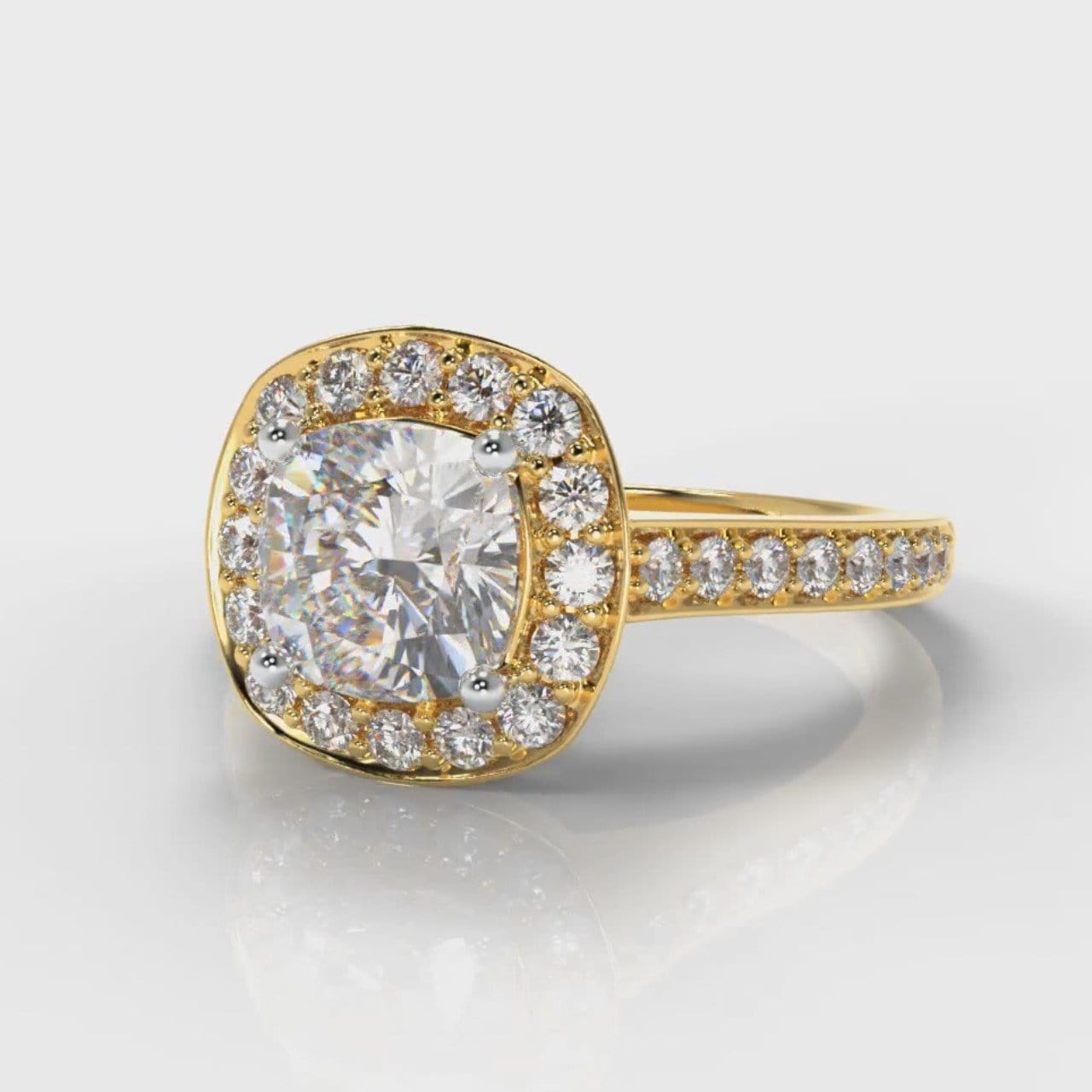 Pavé Cushion Cut Diamond Halo Engagement Ring - Yellow Gold