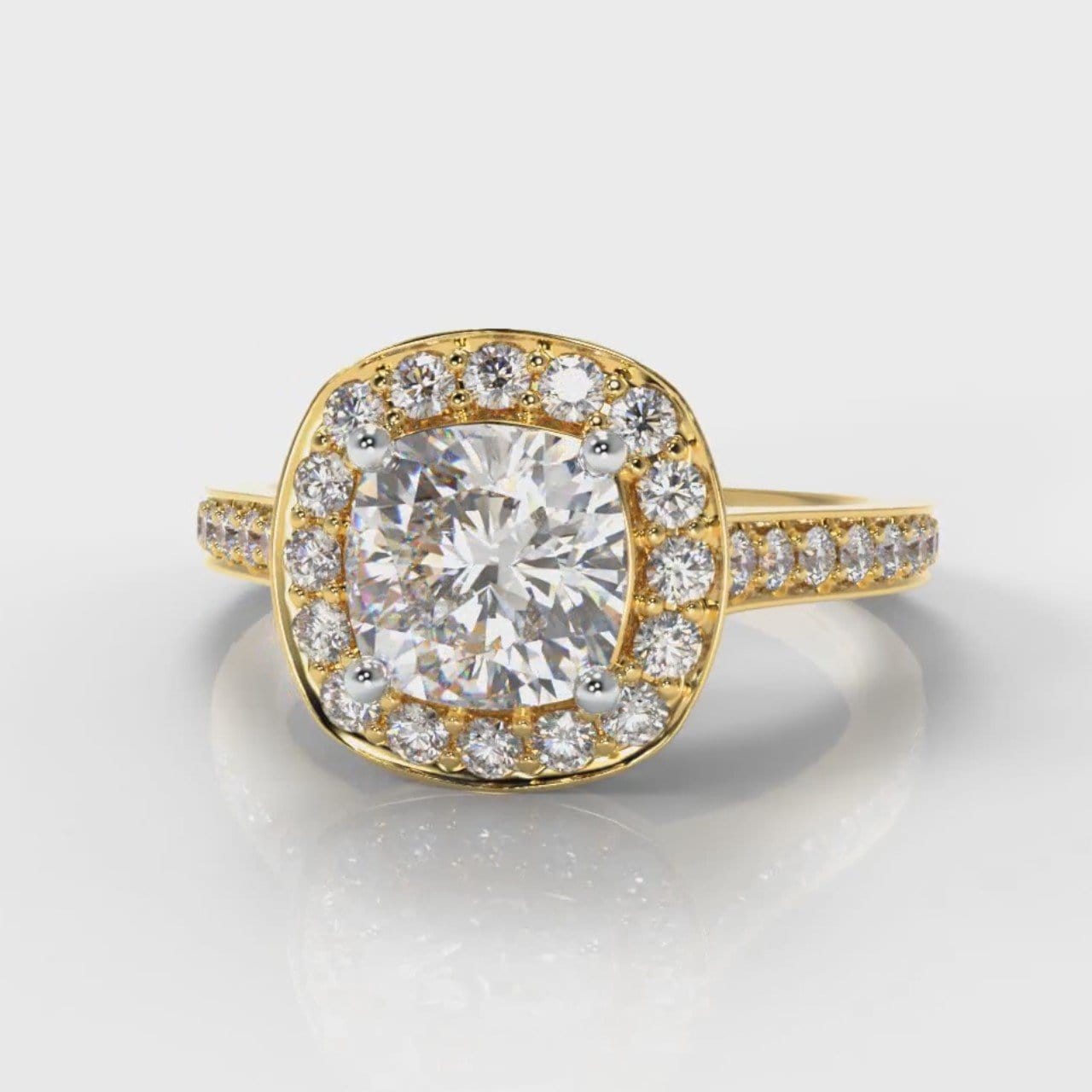 Pavé Cushion Cut Diamond Halo Engagement Ring - Yellow Gold