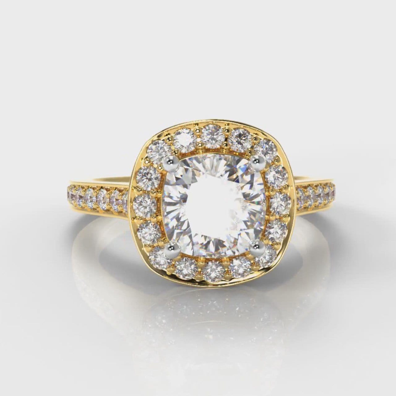 Pavé Cushion Cut Diamond Halo Engagement Ring - Yellow Gold