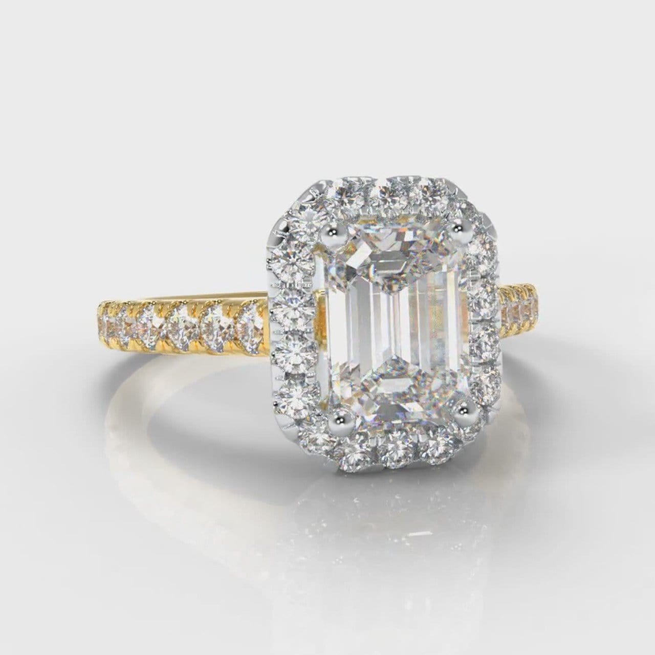 Micropavé Emerald Cut Diamond Halo Engagement Ring - Two Tone Yellow Gold