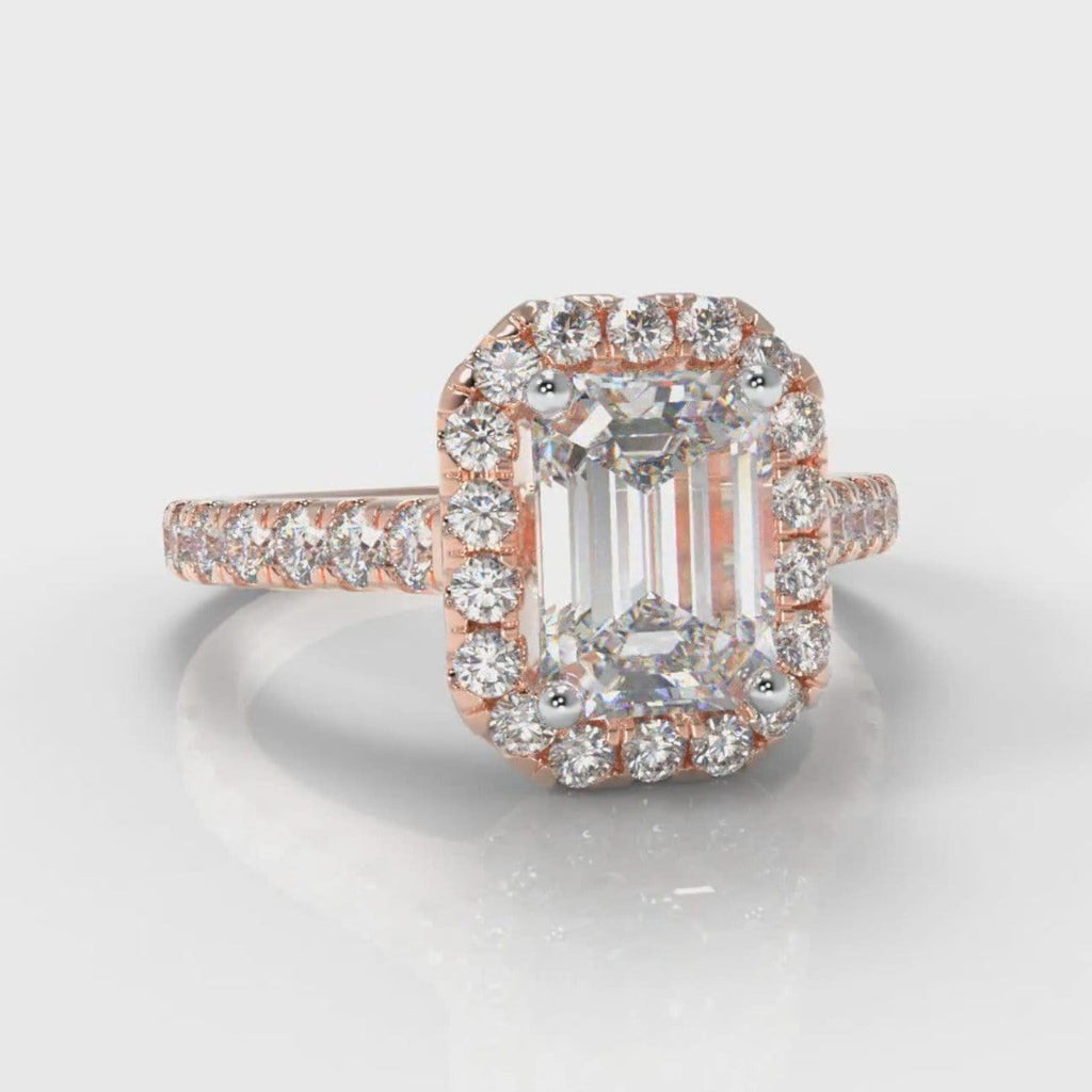 Micropavé Emerald Cut Diamond Halo Engagement Ring - Rose Gold