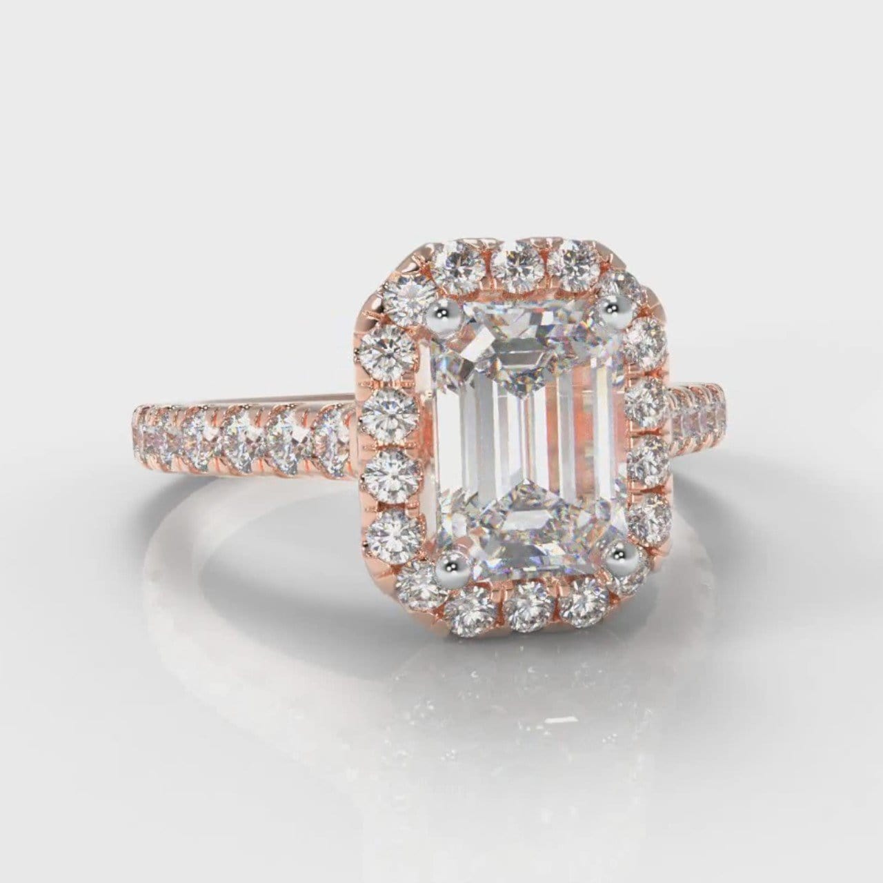 Micropavé Emerald Cut Diamond Halo Engagement Ring - Rose Gold