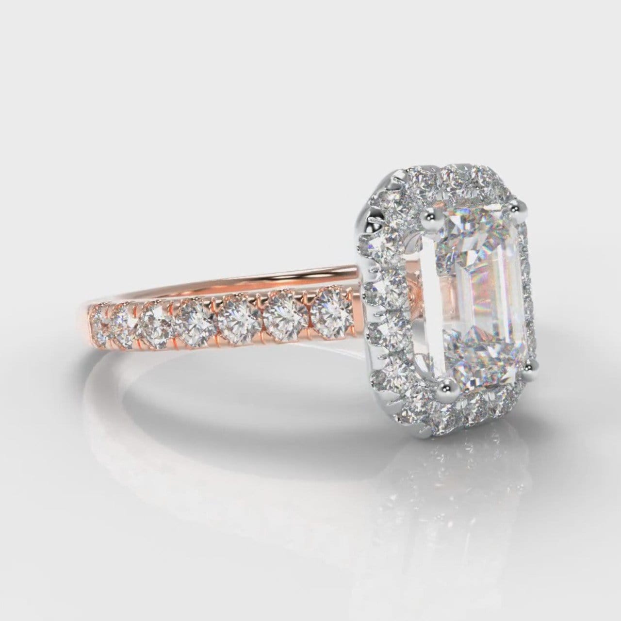 Micropavé Emerald Cut Diamond Halo Engagement Ring - Two Tone Rose Gold