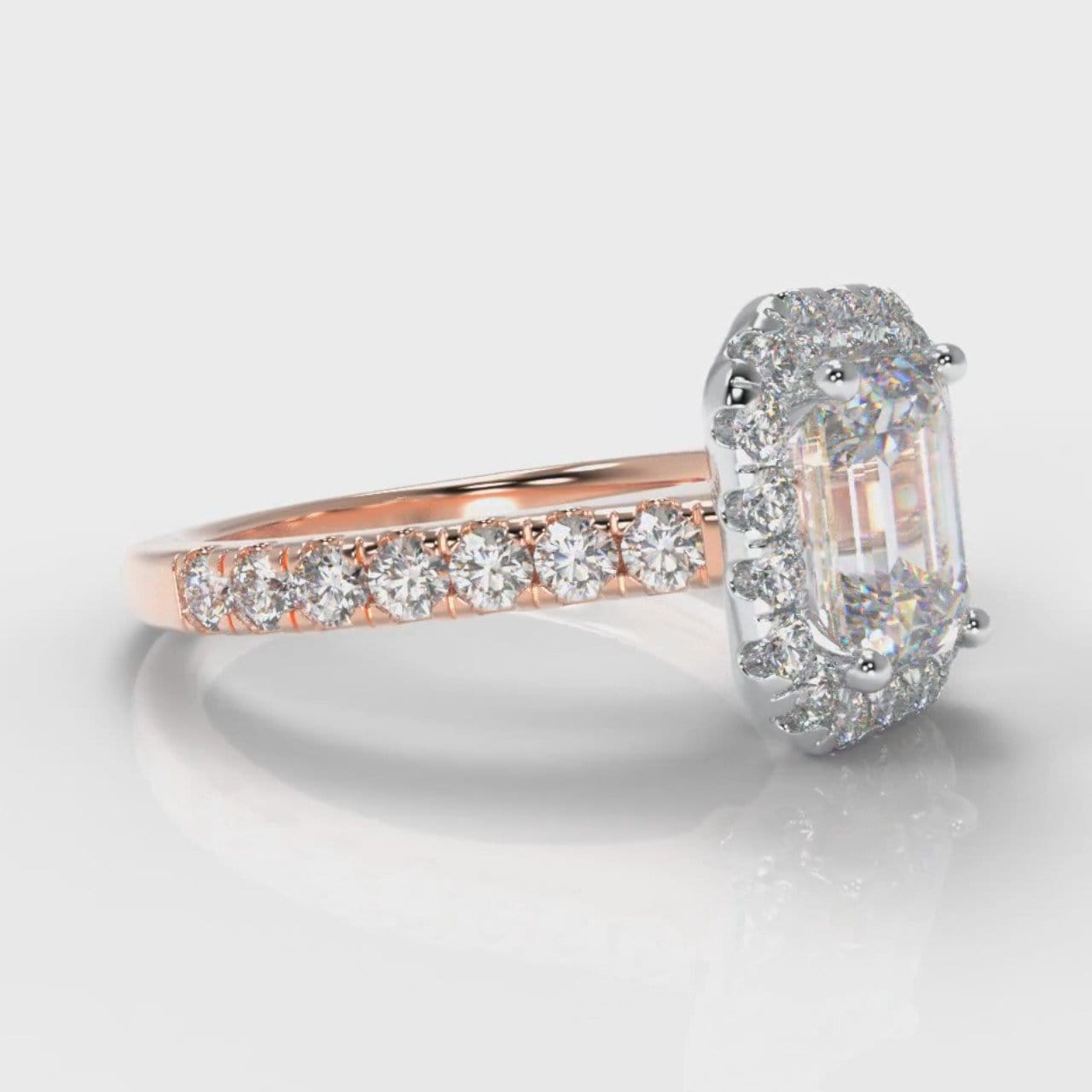 Micropavé Emerald Cut Diamond Halo Engagement Ring - Two Tone Rose Gold