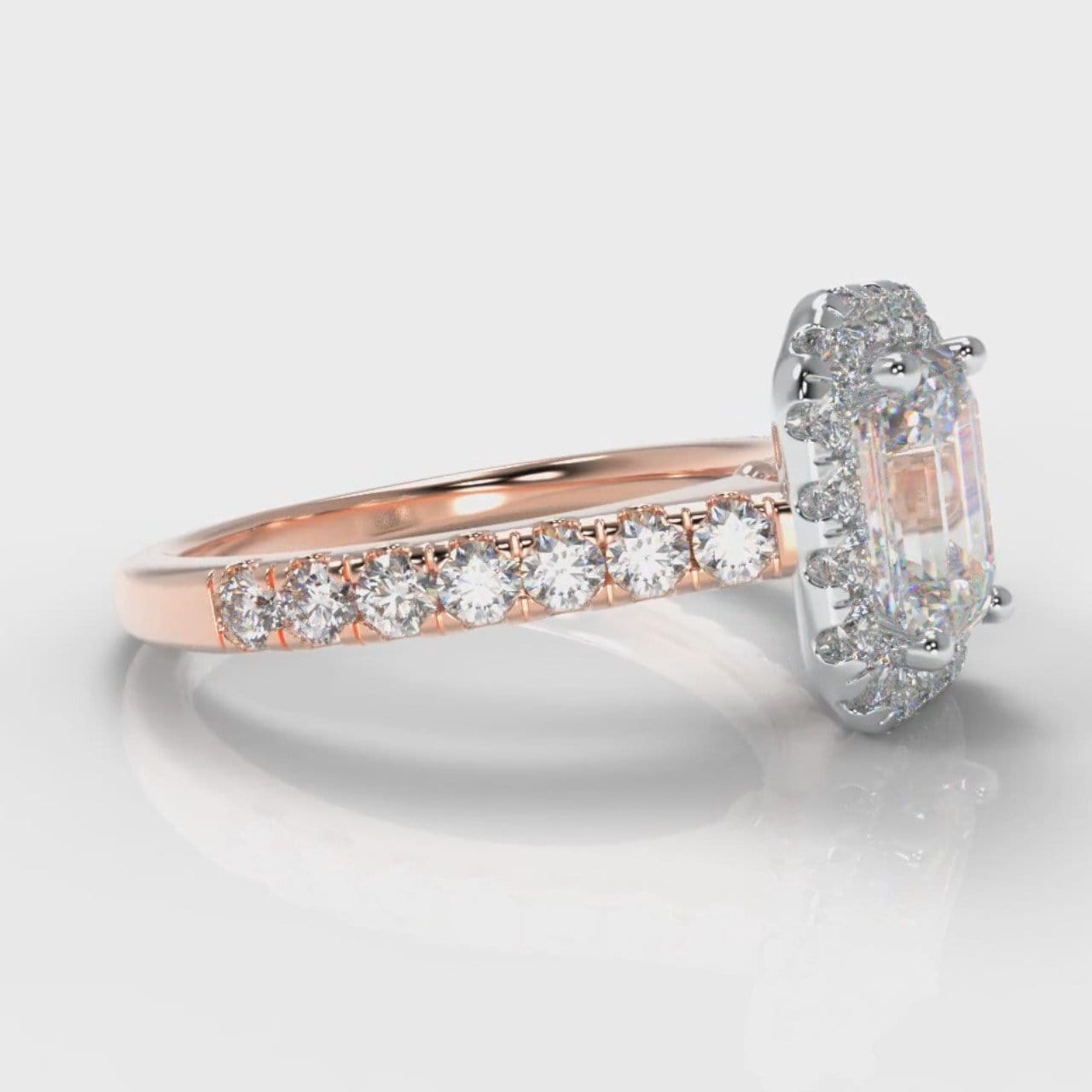 Micropavé Emerald Cut Diamond Halo Engagement Ring - Two Tone Rose Gold