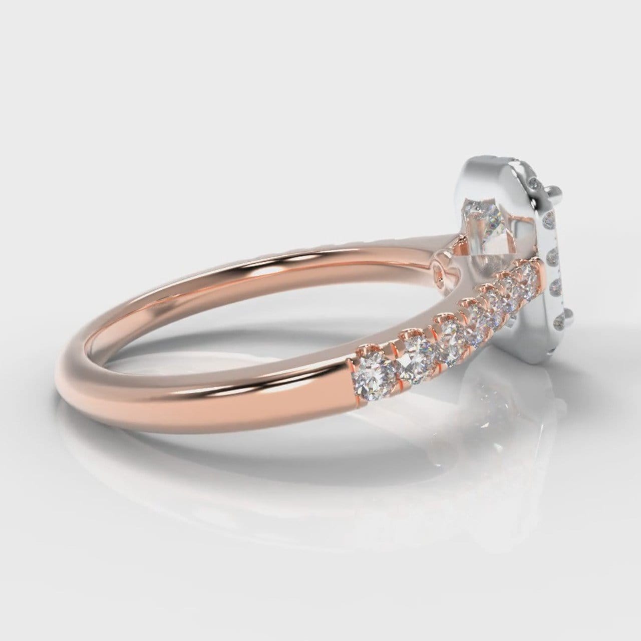 Micropavé Emerald Cut Diamond Halo Engagement Ring - Two Tone Rose Gold