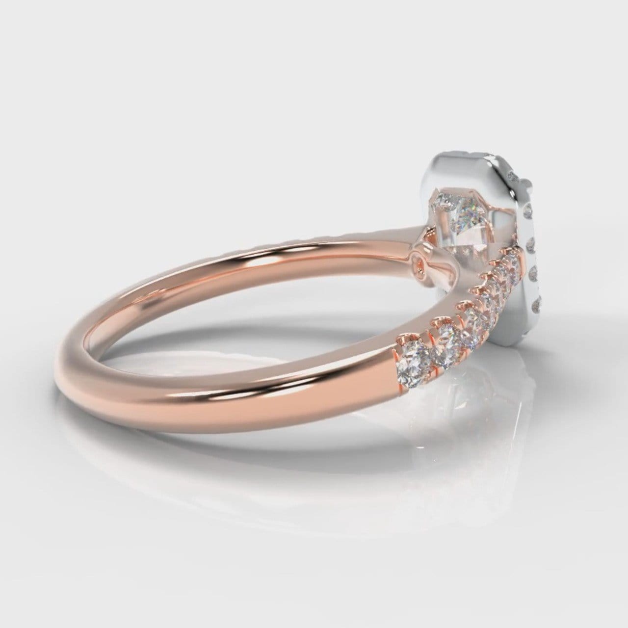 Micropavé Emerald Cut Diamond Halo Engagement Ring - Two Tone Rose Gold