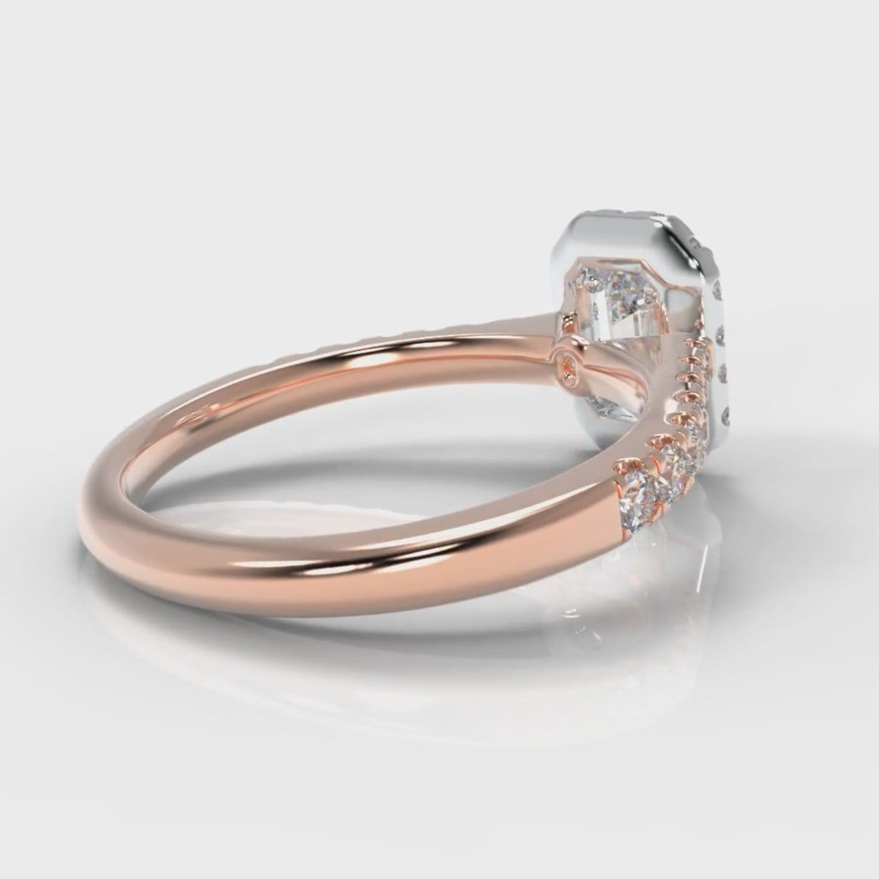 Micropavé Emerald Cut Diamond Halo Engagement Ring - Two Tone Rose Gold