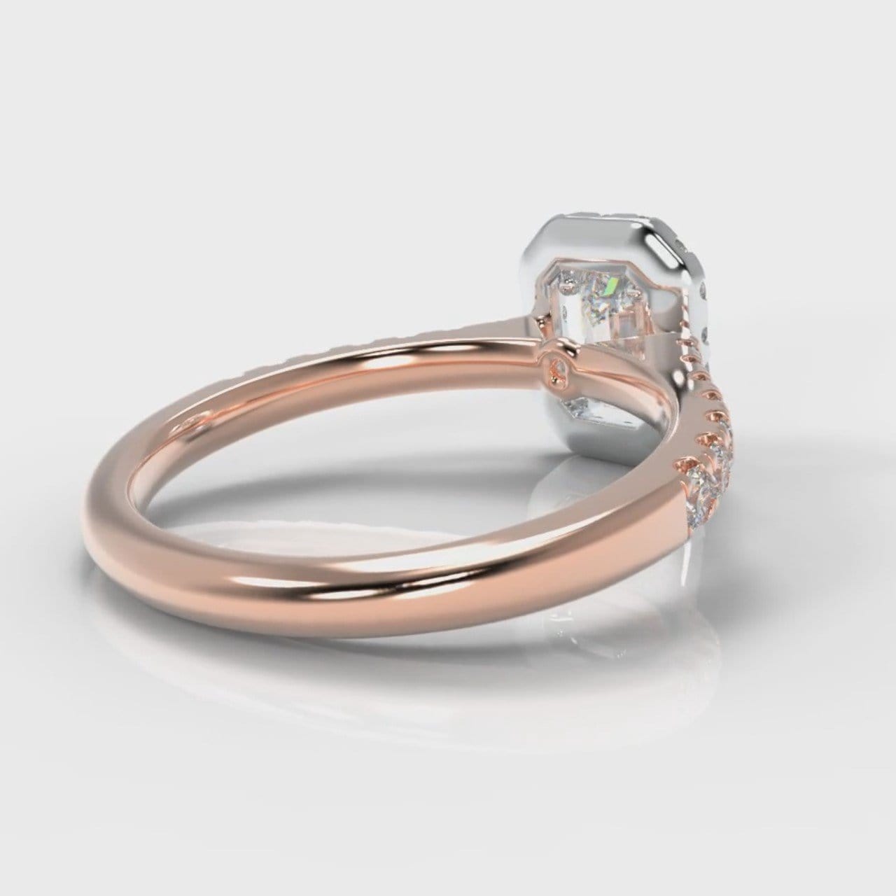 Micropavé Emerald Cut Diamond Halo Engagement Ring - Two Tone Rose Gold