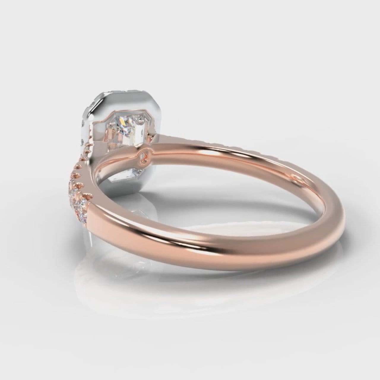Micropavé Emerald Cut Diamond Halo Engagement Ring - Two Tone Rose Gold