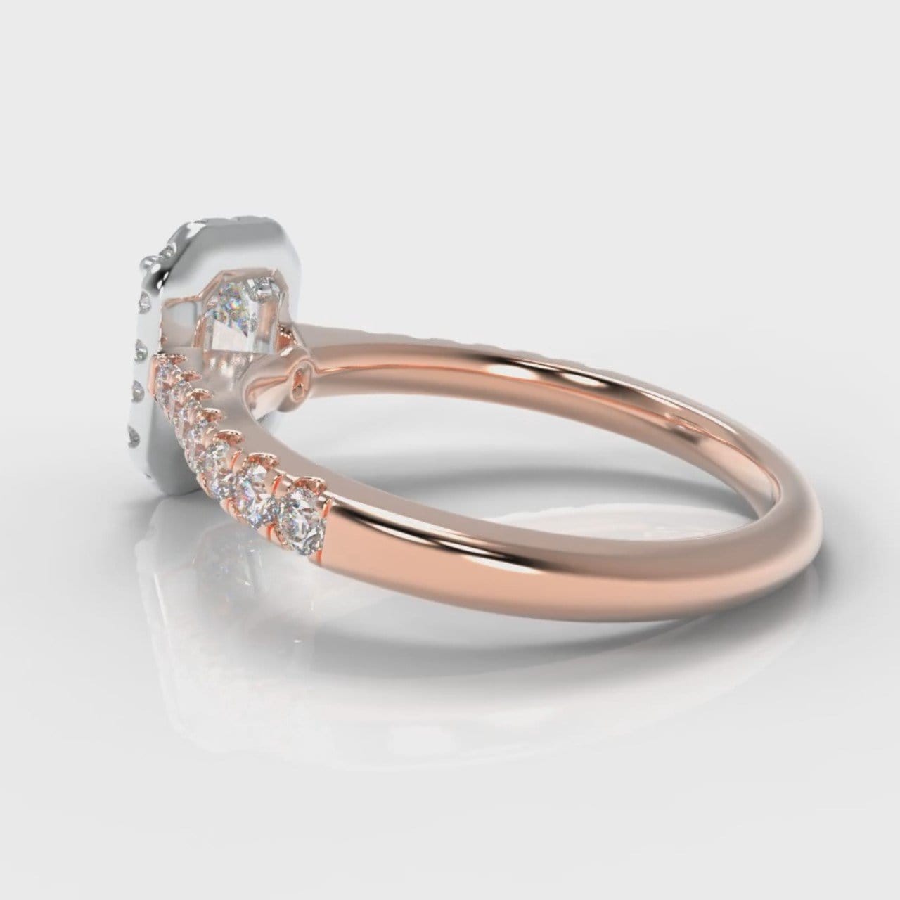 Micropavé Emerald Cut Diamond Halo Engagement Ring - Two Tone Rose Gold