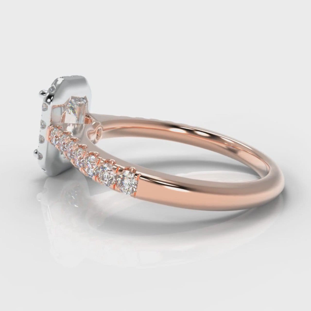 Micropavé Emerald Cut Diamond Halo Engagement Ring - Two Tone Rose Gold