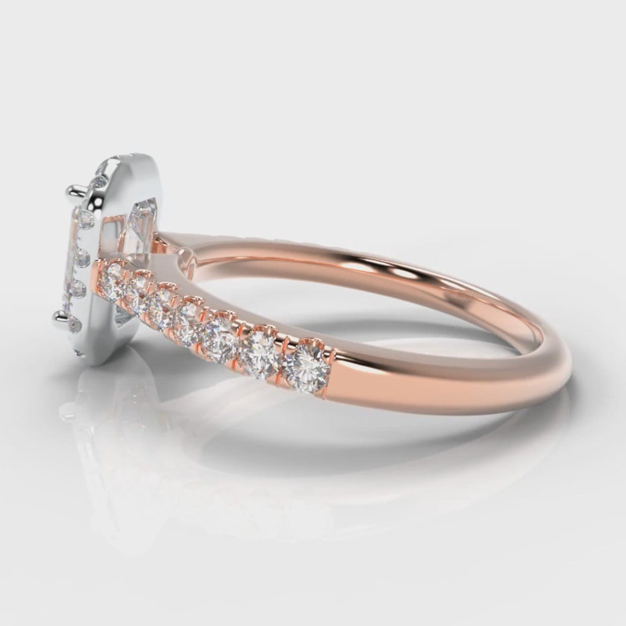 Micropavé Emerald Cut Diamond Halo Engagement Ring - Two Tone Rose Gold