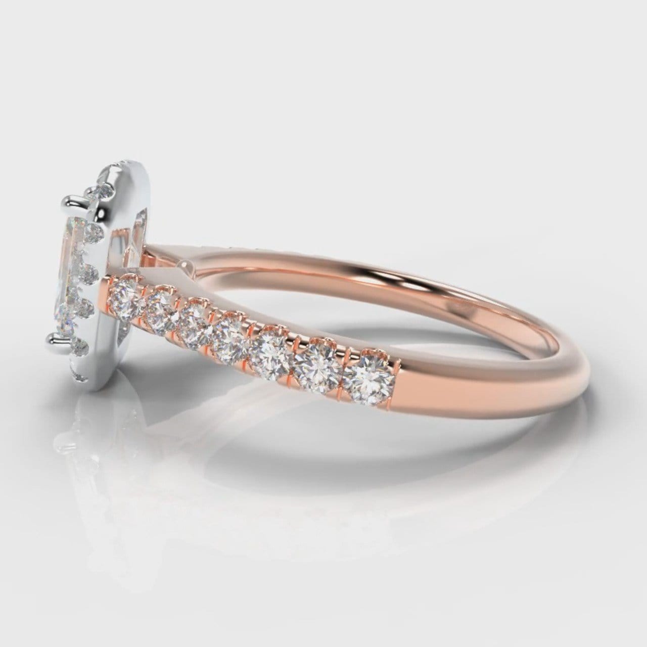 Micropavé Emerald Cut Diamond Halo Engagement Ring - Two Tone Rose Gold
