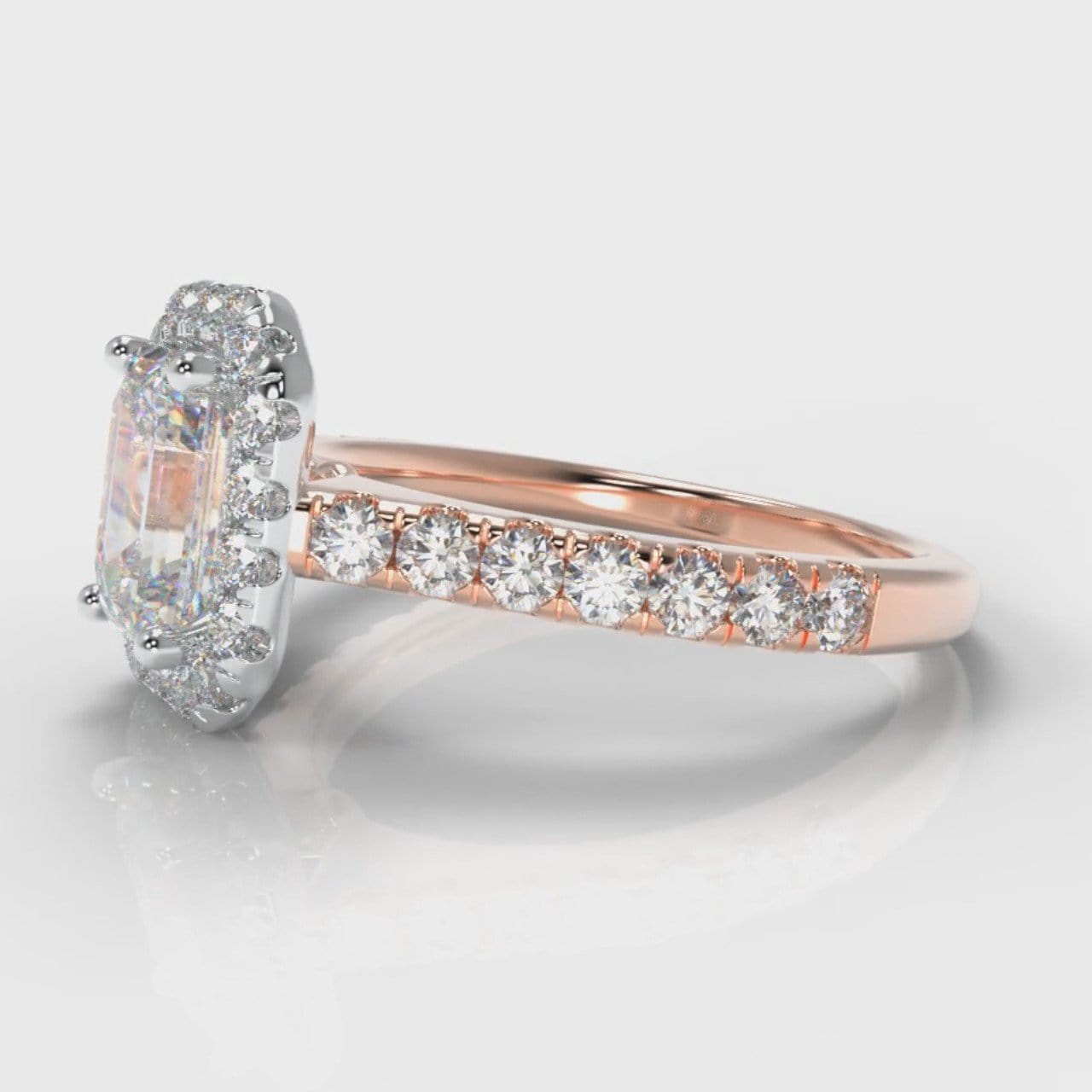 Micropavé Emerald Cut Diamond Halo Engagement Ring - Two Tone Rose Gold