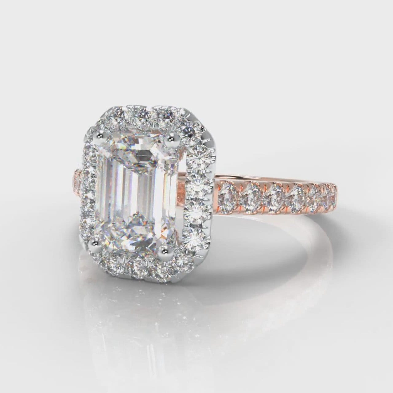 Micropavé Emerald Cut Diamond Halo Engagement Ring - Two Tone Rose Gold