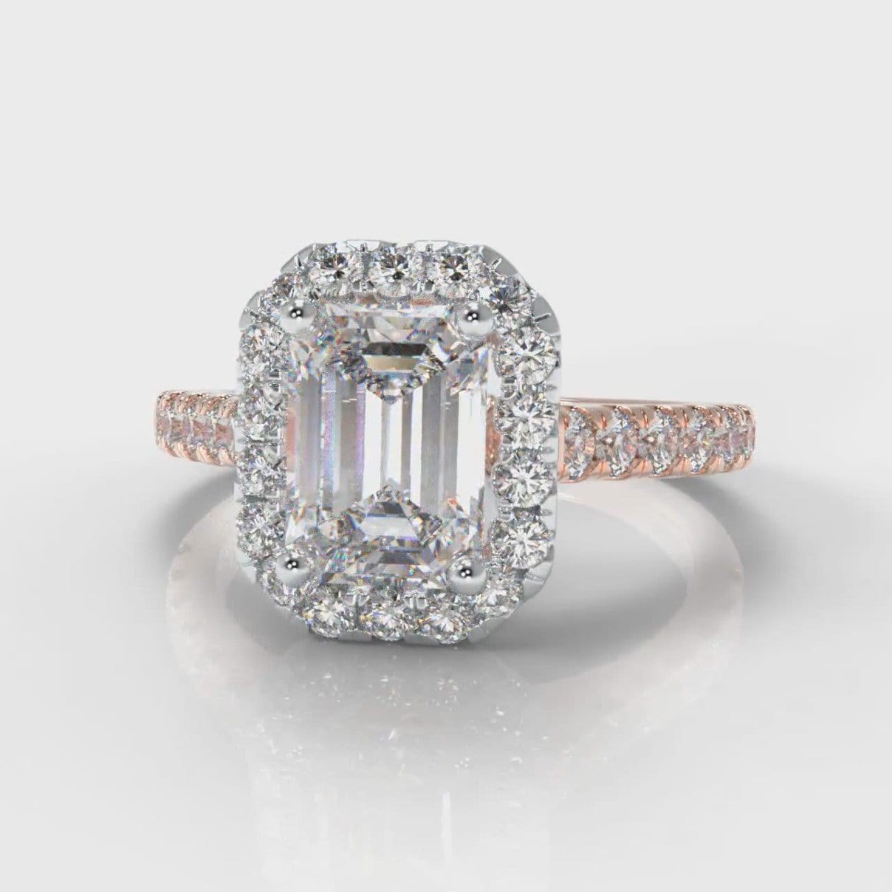 Micropavé Emerald Cut Diamond Halo Engagement Ring - Two Tone Rose Gold