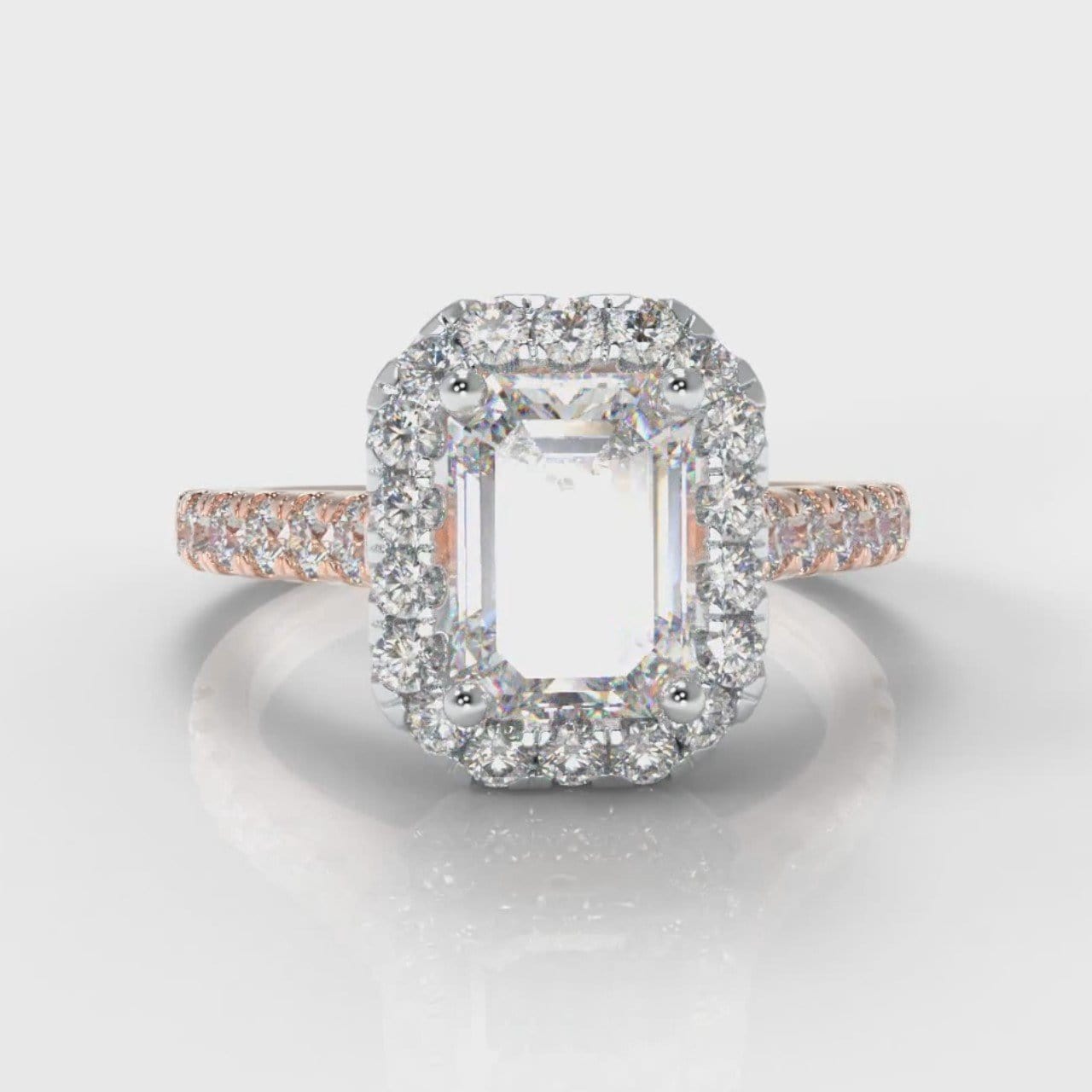 Micropavé Emerald Cut Diamond Halo Engagement Ring - Two Tone Rose Gold