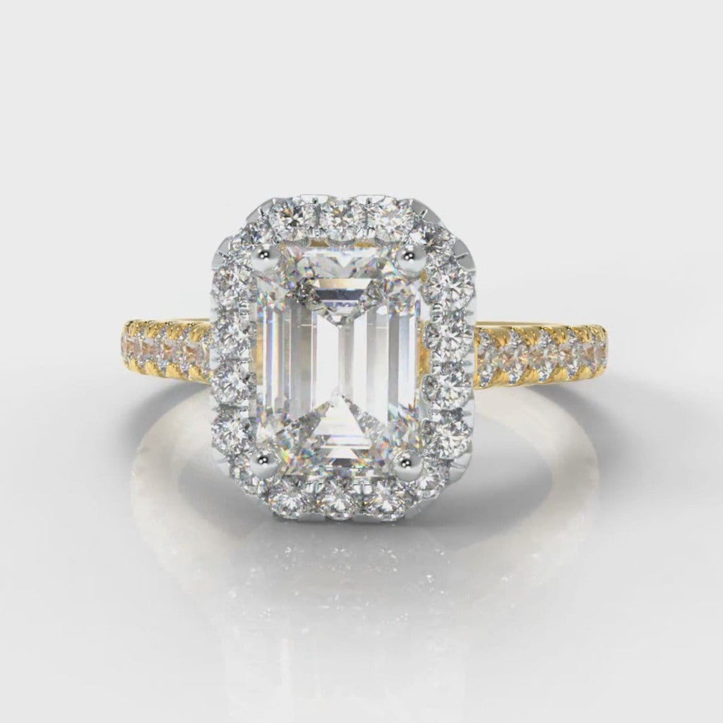 Micropavé Emerald Cut Diamond Halo Engagement Ring - Two Tone Yellow Gold