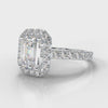 Emerald cut diamond halo engagement ring