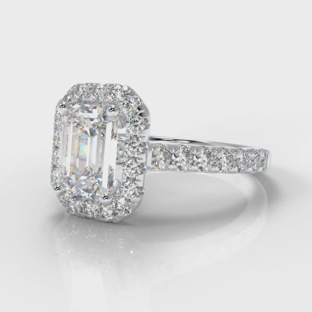 Emerald cut diamond halo engagement ring