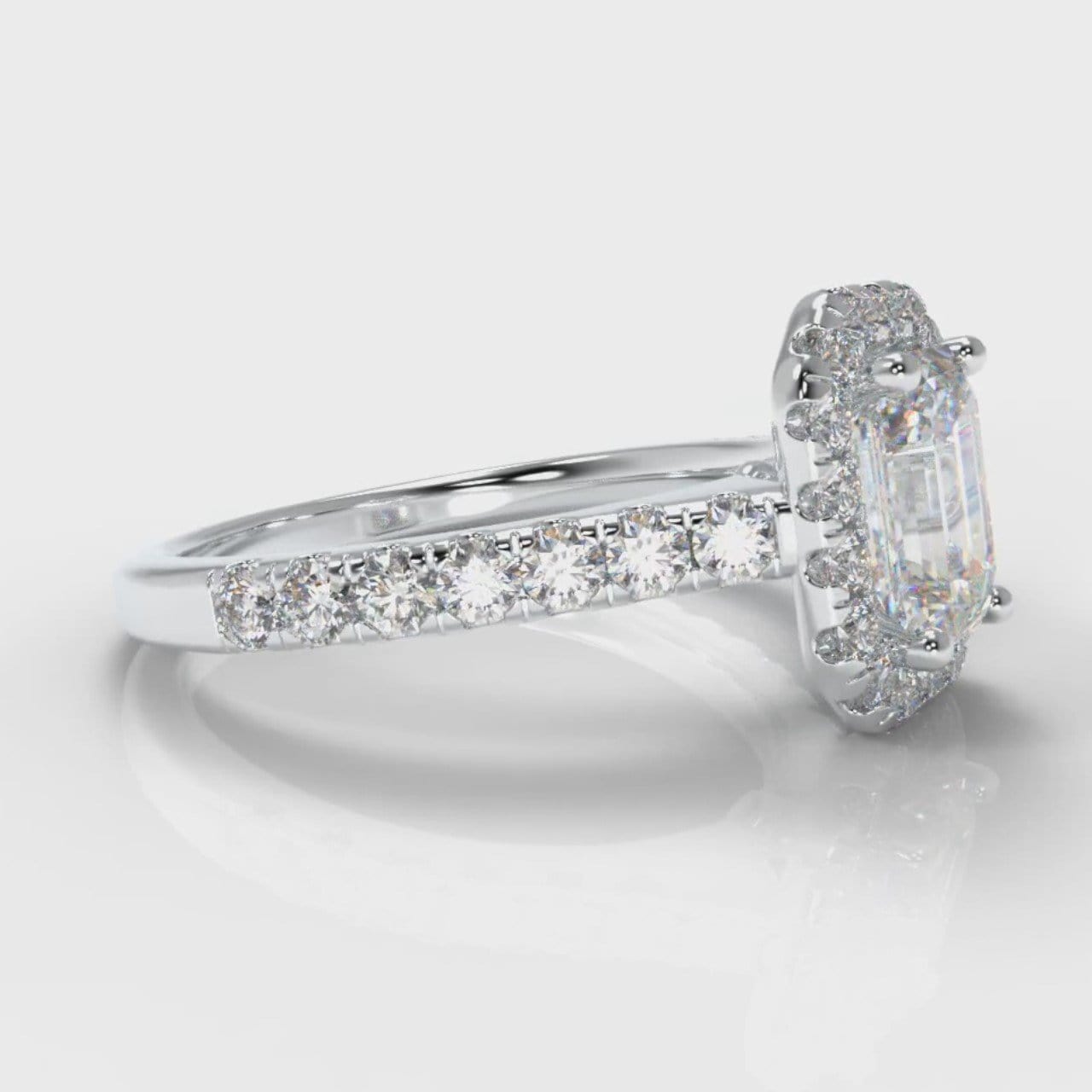 Micropavé Emerald Cut Diamond Halo Engagement Ring